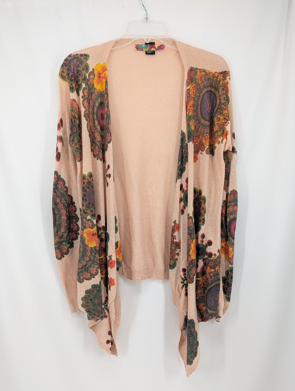 Desigual Beige Ramie Knit Waterfall Multicolor Lightweight Cardigan Sweater M